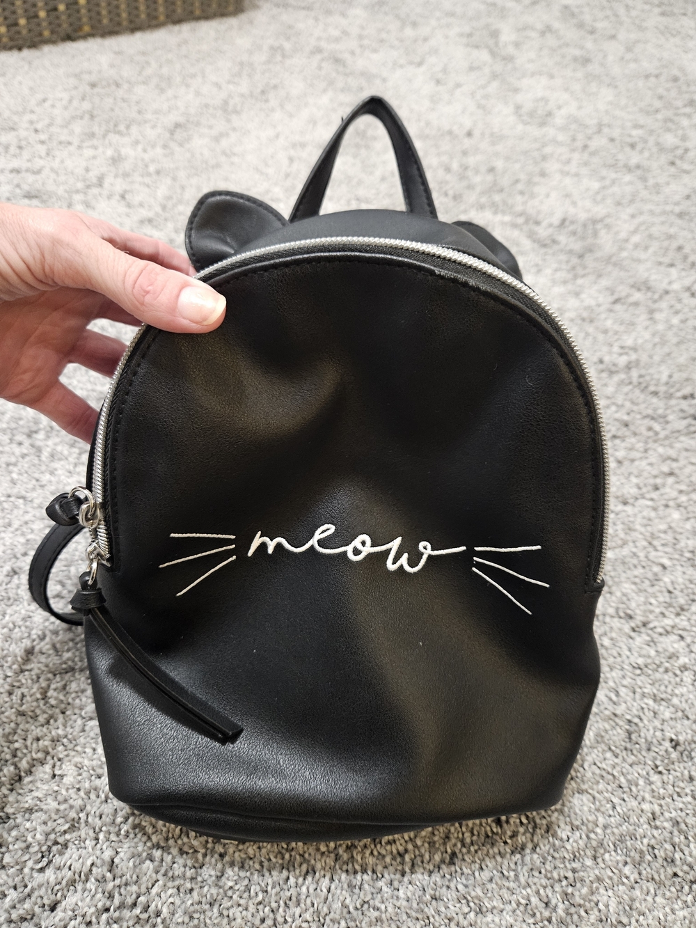 Justice Black Mini Backpack with 'meow' Embroidery